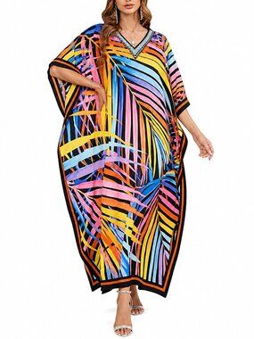 Multicolor Plam Leaf Printed Caftan Dress Loose Cover Up Maxi Dresses for Women